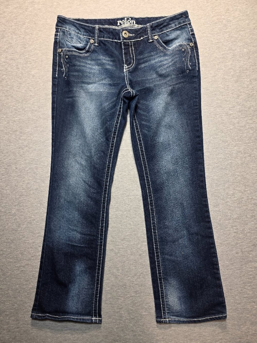 Reign Womens Bootcut Jeans Size 13 Dark Wash Embellished Pocket